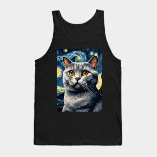 Adorable British Shorthair Cat Breed Painting in a Van Gogh Starry Night Art Style Tank Top